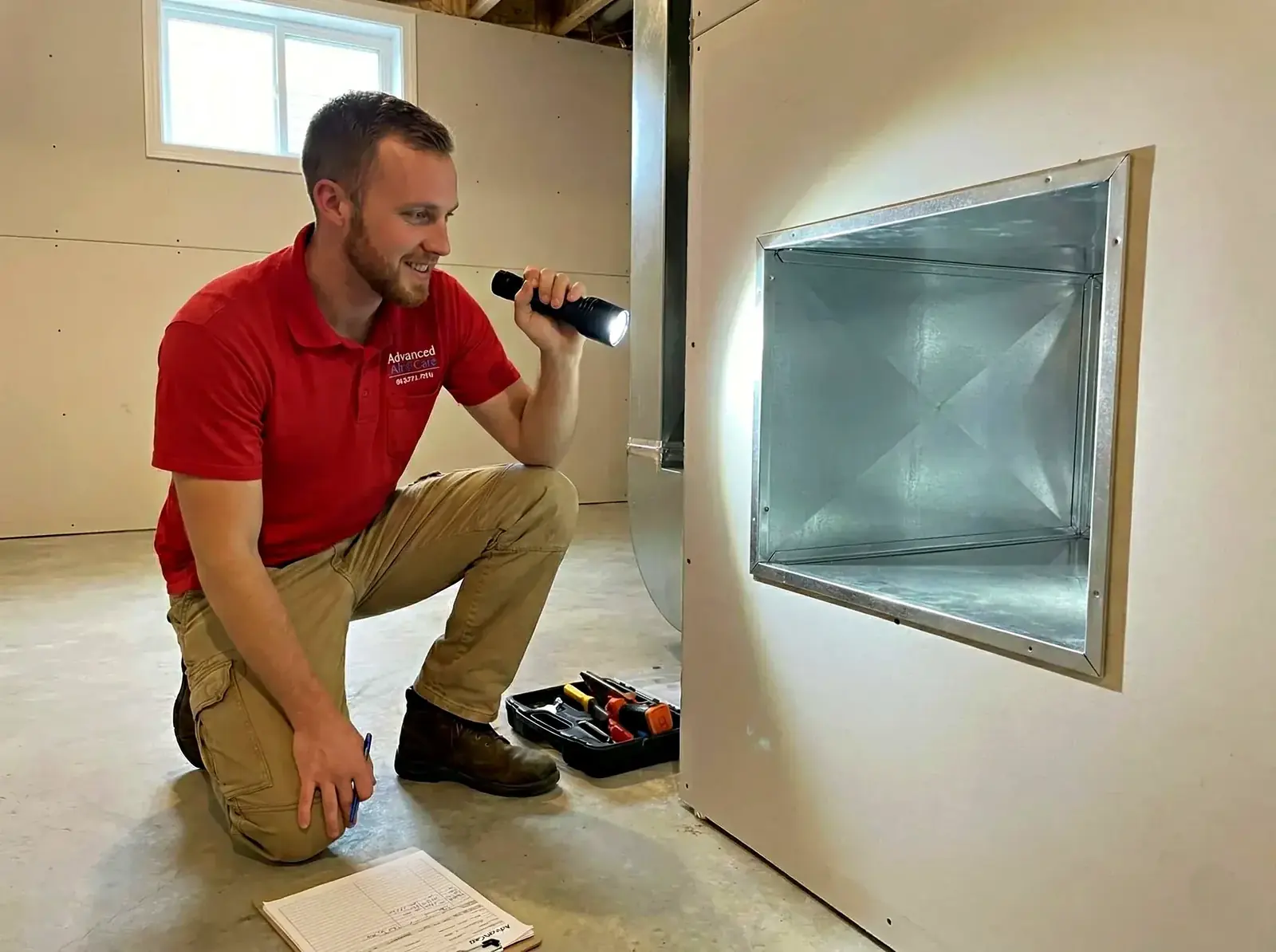 Freshly cleaned air duct and register inspected by a technician