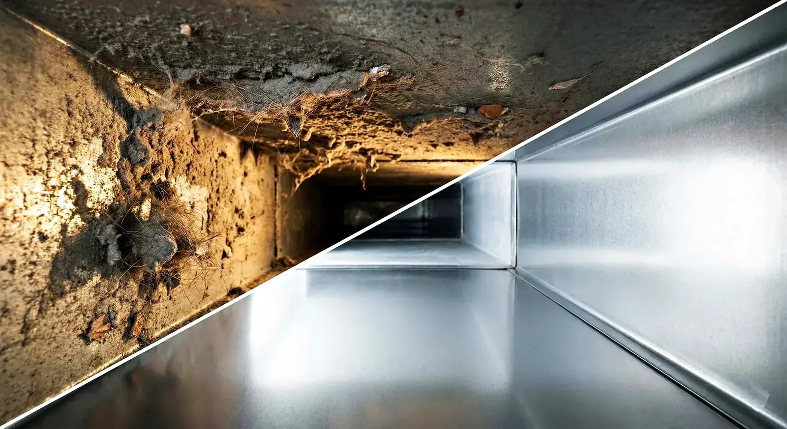 Air duct before and after cleaning and Aeroseal sealing