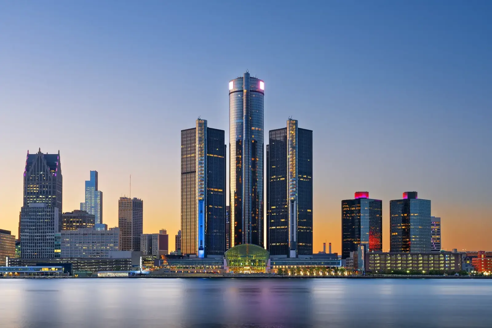 Detroit skyline at dusk in Wayne County, Michigan, served by Advanced Air Care