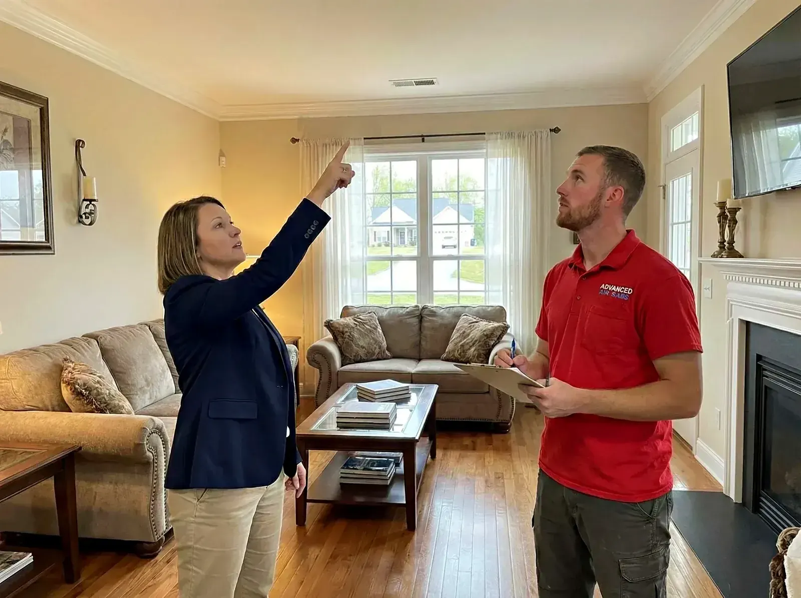 Property manager reviewing an air duct inspection with an Advanced Air Care technician