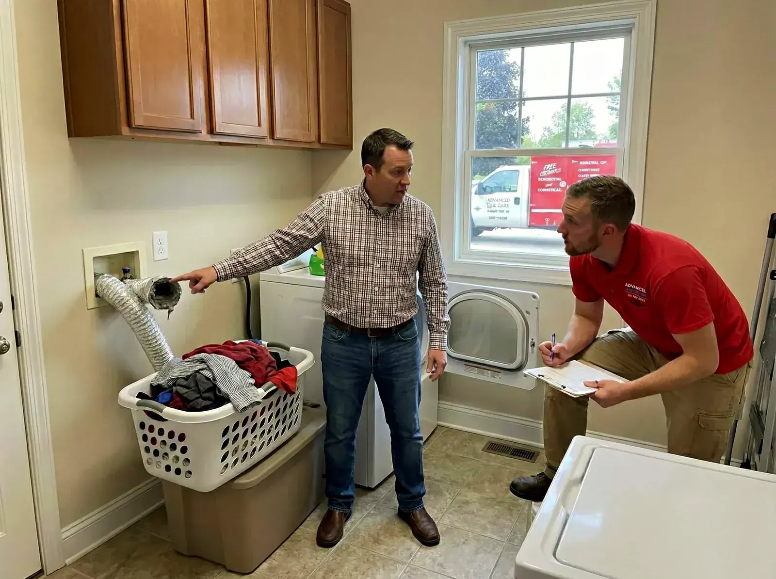 Advanced Air Care technician cleaning a dryer vent for a renter