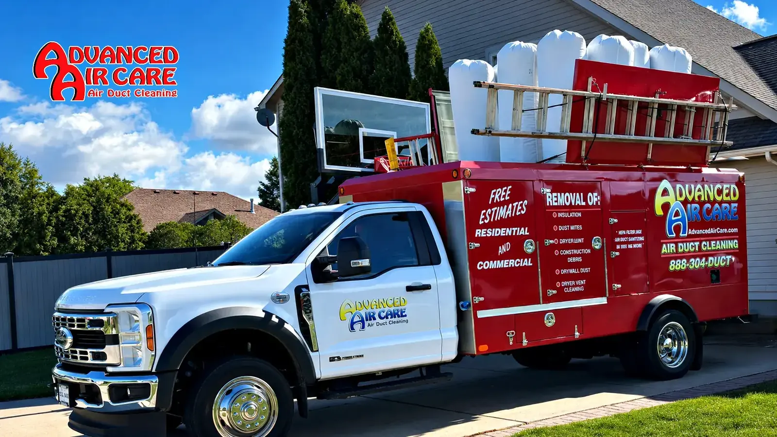 The Advanced Air Care PowerVac truck: a white Ford with a red box body, collection bags and a ladder on the roof
